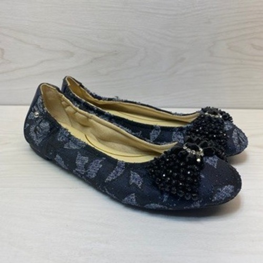 Circus By Sam Edelman Women 8 Cait Ballet Flat Beaded Bow Navy Blue Floral Dress